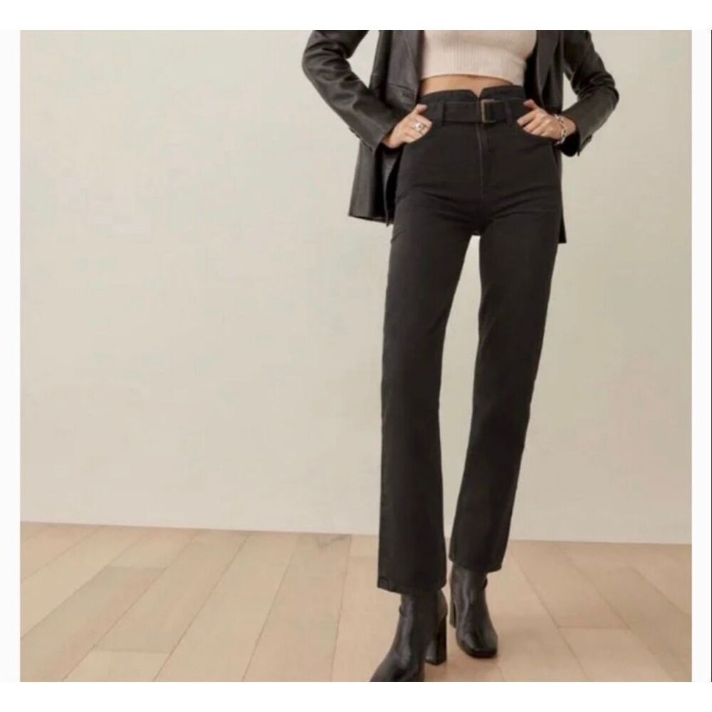 Reformation Cynthia Belted High-Rise Straight Jeans Faded Black Size 28